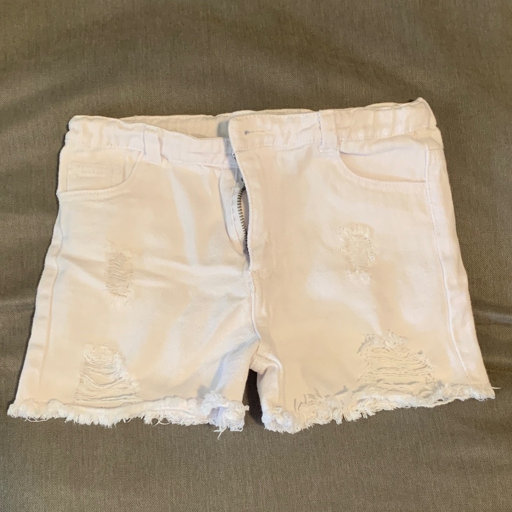Kids White Distressed Denim Shorts with Frayed Hem